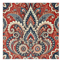 Elegant rood, wit & blauw Paisley Bloemenpatroon