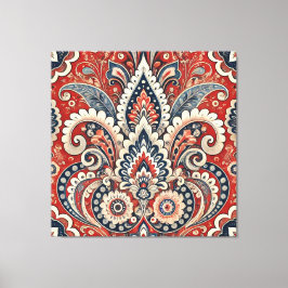 Elegant rood, wit & blauw Paisley Bloemenpatroon Canvas Afdruk