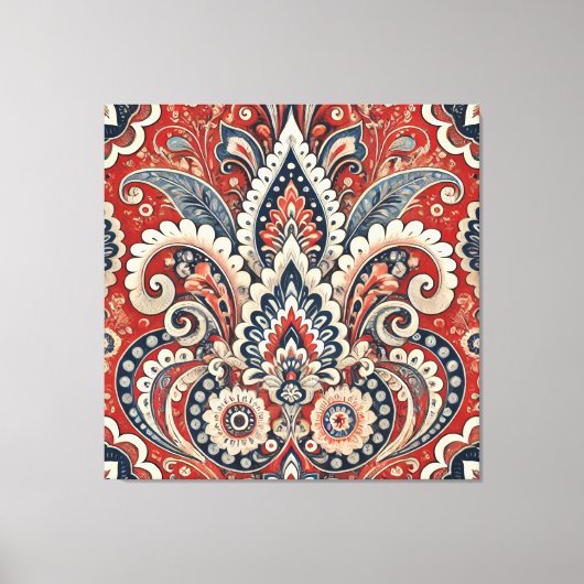 Elegant rood, wit & blauw Paisley Bloemenpatroon Canvas Afdruk (Voorkant)