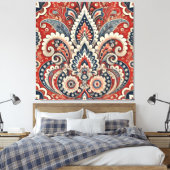 Elegant rood, wit & blauw Paisley Bloemenpatroon Canvas Afdruk (Insitu (Slaapkamer))