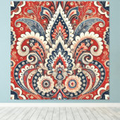 Elegant rood, wit & blauw Paisley Bloemenpatroon Canvas Afdruk (Insitu (Houten vloer))