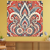 Elegant rood, wit & blauw Paisley Bloemenpatroon Canvas Afdruk (Insitu (Woonkamer))