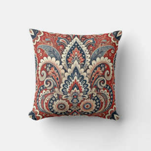 Elegant rood, wit & blauw Paisley Bloemenpatroon Kussen