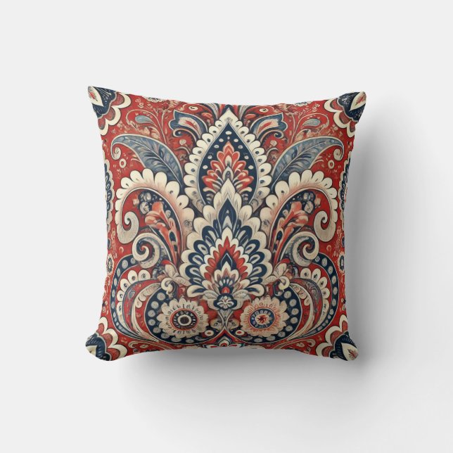 Elegant rood, wit & blauw Paisley Bloemenpatroon Kussen (Voorkant)