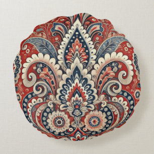 Elegant rood, wit & blauw Paisley Bloemenpatroon Rond Kussen