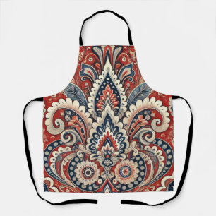 Elegant rood, wit & blauw Paisley Bloemenpatroon Schort