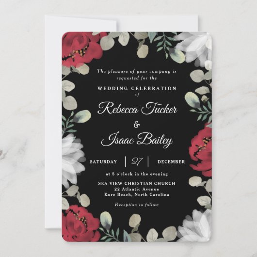 Elegant Rood Wit Bloemen Groen op Zwart Bruiloft Kaart (Voorkant)