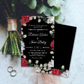 Elegant Rood Wit Bloemen Groen op Zwart Bruiloft Kaart