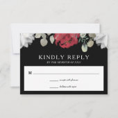 Elegant Rood Wit Bloemen Groen op Zwart Bruiloft RSVP Kaartje (Voorkant)