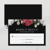 Elegant Rood Wit Bloemen Groen op Zwart Bruiloft RSVP Kaartje (Voorkant / Achterkant)