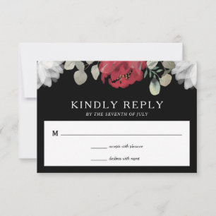 Elegant Rood Wit Bloemen Groen op Zwart Bruiloft RSVP Kaartje