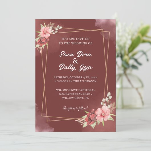 Elegant Rood & Wit Bloemen Waterverf Bruiloft Kaart (Staand voorkant)