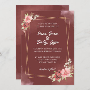 Elegant Rood & Wit Bloemen Waterverf Bruiloft Kaart