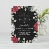 Elegant rood & wit bloemengroen zwart bruiloft kaart (Staand voorkant)