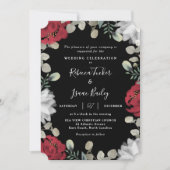 Elegant rood & wit bloemengroen zwart bruiloft kaart (Voorkant)