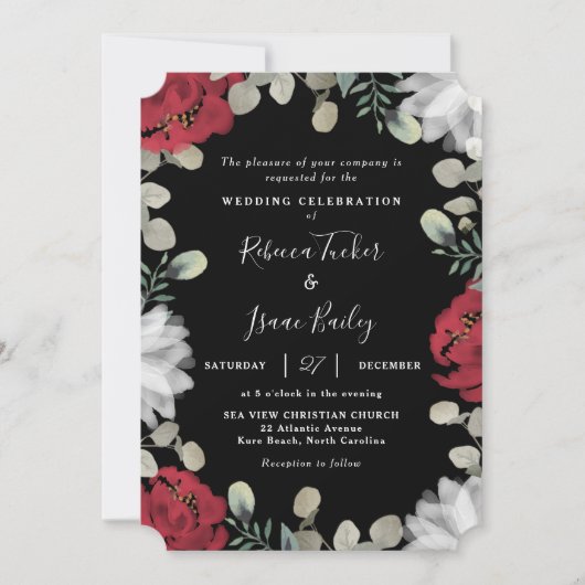 Elegant rood & wit bloemengroen zwart bruiloft kaart (Voorkant)