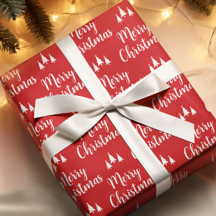Elegant rood-wit boompatroon vrolijk kerstfeest cadeaupapier
