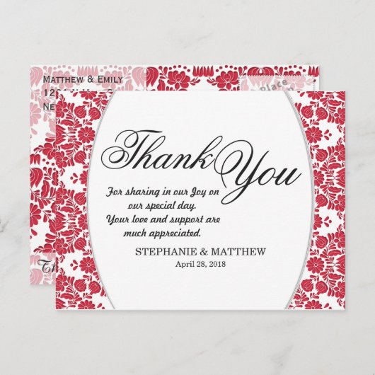 Elegant  Rood & Wit Damaskpatroon Briefkaart (Voorkant / Achterkant)