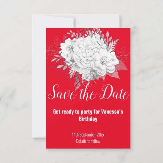 ELEGANT ROOD WIT FLORAL SAVE THE DATE RSVP KAARTJE (Voorkant)