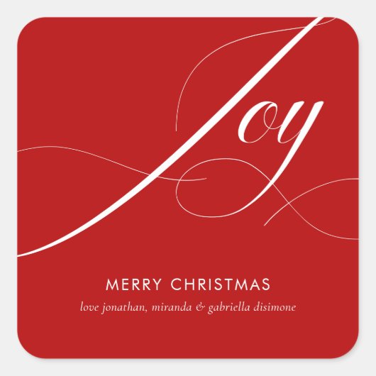 Elegant Rood Wit Joy Script Vierkante Sticker (Voorkant)