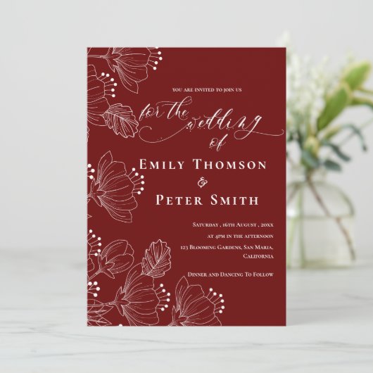 Elegant rood wit minimalistische lijn bloemenbruil kaart (Staand voorkant)