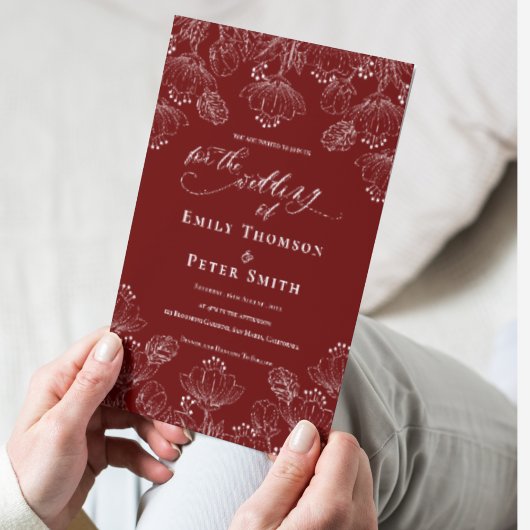 Elegant rood wit minimalistische lijn bloemenbruil kaart