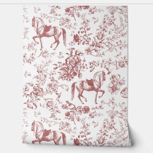 Elegant  Rood Wit Paard Bloemenpatroon Behang