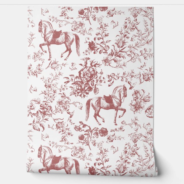 Elegant  Rood Wit Paard Bloemenpatroon Behang (Afrollen)
