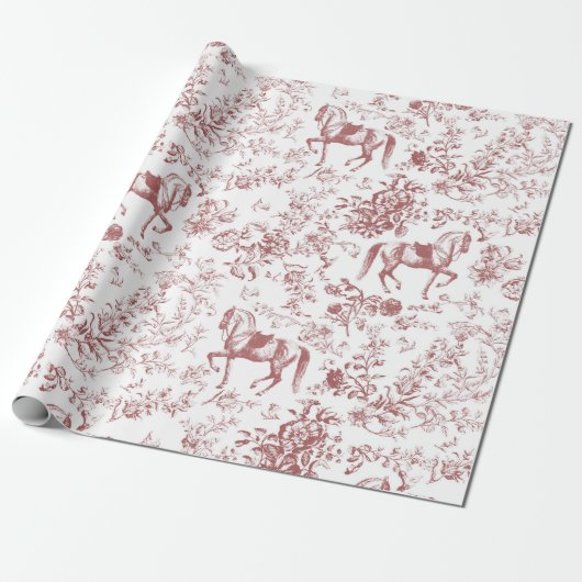 Elegant  Rood Wit Paard Bloemenpatroon Cadeaupapier (Uitgerold)
