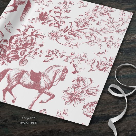 Elegant  Rood Wit Paard Bloemenpatroon Cadeaupapier