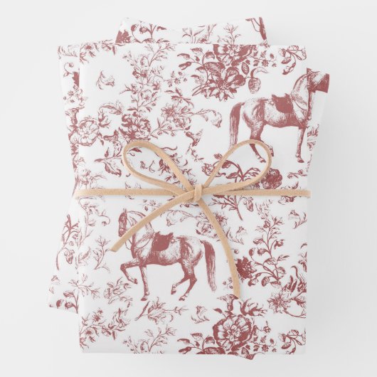 Elegant  Rood Wit Paard Bloemenpatroon Inpakpapier Vel (In situ)