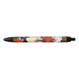 & Elegant Rood Wit Roze Bloemen Custom Name Zwarte Inkt Pen