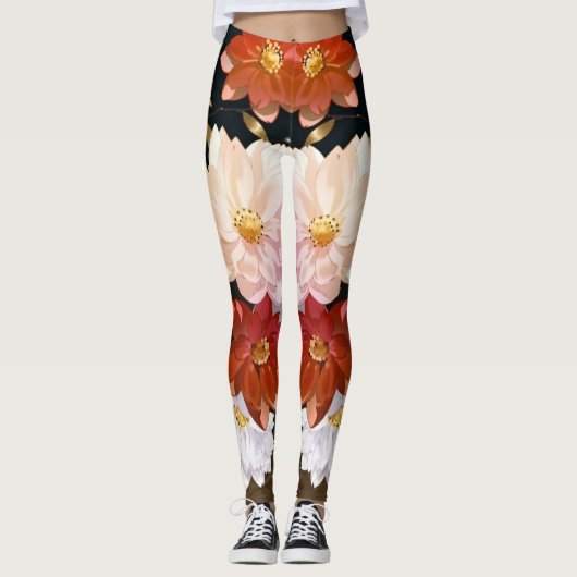 Elegant Rood Wit & Roze Waterverf Bloemenpatroon Leggings (Voorkant)