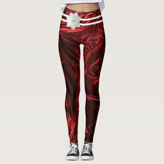 Elegant Rood Wit Violet Burgandy Bloemen Vrouwen Leggings (Voorkant)