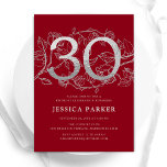 Elegant rood zilver 30e verjaardag kaart<br><div class="desc">Elegant rood zilver 30e verjaardag feestuitnodiging.  modern vrouwelijk design met rozen botanische accenten en faux glitter silver. Eenvoudige bloemenuitnodigingskaart perfect voor een stijlvol vrouwen dagfeest. Personaliseer met je eigen gegevens. Gedrukte Zazzle-uitnodigingen of direct download digitale afdrukbare sjabloon.</div>