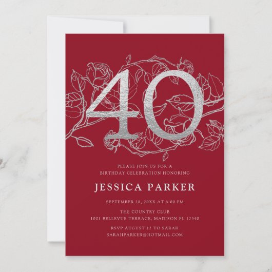 Elegant rood zilver 40e verjaardag kaart (Voorkant)