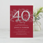Elegant rood zilver 40e verjaardag kaart (Staand voorkant)