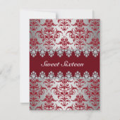 Elegant Rood & Zilver Damask Sweet16 Uitnodigen Kaart (Voorkant)