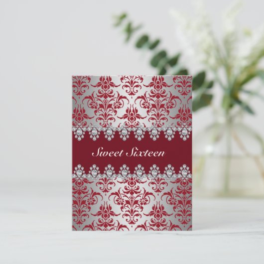 Elegant Rood & Zilver Damask Sweet16 Uitnodigen Kaart (Staand voorkant)