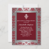 Elegant Rood & Zilver Damask Sweet16 Uitnodigen Kaart (Achterkant)