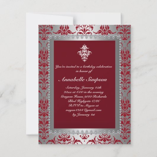 Elegant Rood & Zilver Damask Sweet16 Uitnodigen Kaart (Achterkant)