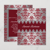 Elegant Rood & Zilver Damask Sweet16 Uitnodigen Kaart (Voorkant / Achterkant)