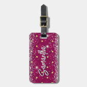 Elegant rood zilver glinsterende glitter monogram bagagelabel (Voorkant verticaal)