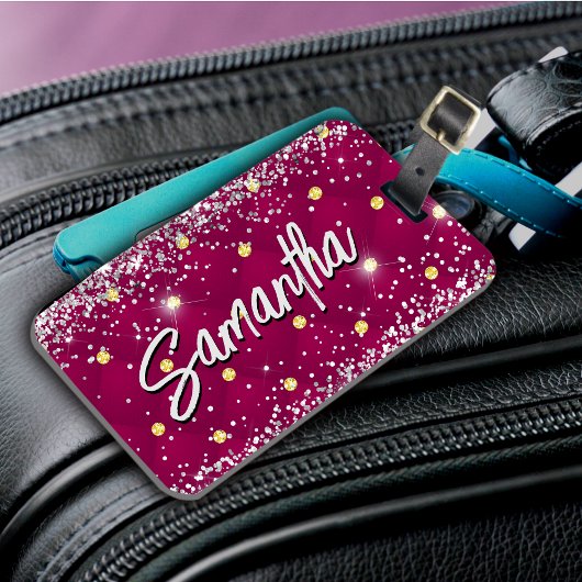Elegant rood zilver glinsterende glitter monogram bagagelabel