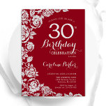 Elegant Rood Zilver Rozen 30ste Verjaardagsfeest Kaart<br><div class="desc">Rood zilveren bloemetjes 30ste verjaardag uitnodiging. Elegant ontwerp met rozen,  faux silver-folie en lettertype voor typografie. Trendy uitnodigingskaart ideaal voor een stijlvol vrouw bday-feest. Kan worden aangepast aan elke leeftijd. Gedrukte Zazzle-uitnodigingen of direct downloadbare digitale afdrukbare sjabloon.</div>