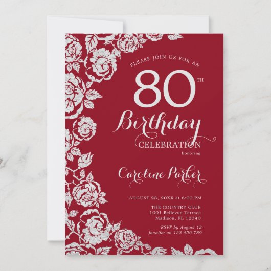 Elegant Rood Zilver Rozen 80ste Verjaardagsfeest Kaart (Voorkant)