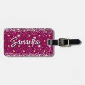 Elegant rood zilver sparkly glitter monogram bagagelabel (Voorkant horizontaal)