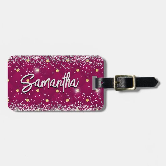 Elegant rood zilver sparkly glitter monogram bagagelabel (Voorkant horizontaal)