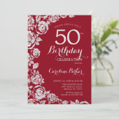 Elegant Rood Zilveren Rozen 50ste Verjaardagsfeest Kaart (Staand voorkant)