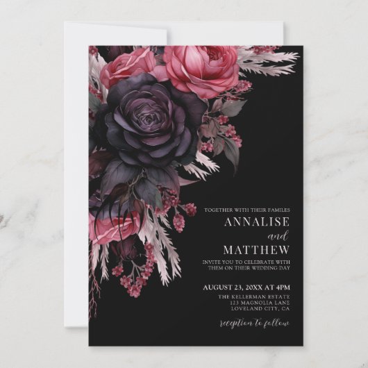 Elegant rood zwart bloemenbruiloft kaart (Voorkant)